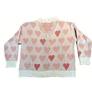Woman XXL Valentines Day Pink Heart Pearl Laced Croquette Fairy Chunky Sweater‎